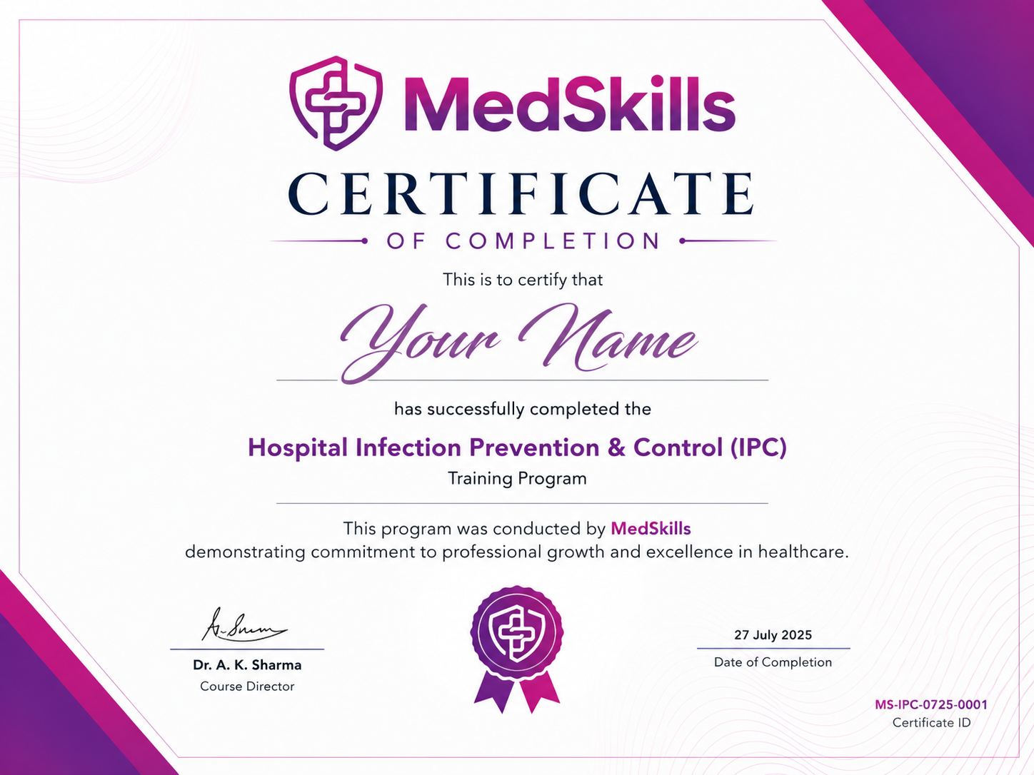Sample MedSkills certificate of completion